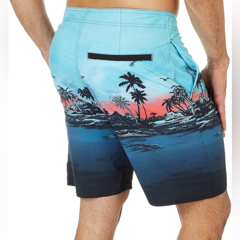 Burnside Men's Aqua Scenic Stretch Swim Board Shorts NWT